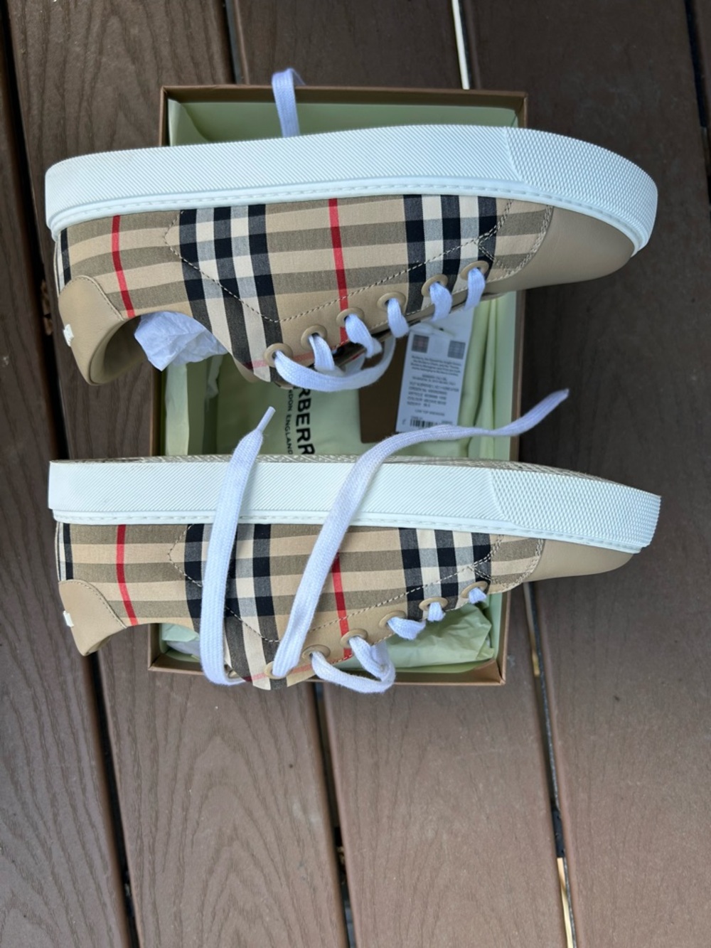 Burberry Beige/Tan Check Leather Low-Top Sneakers with White Soles - Picture 2 of 7